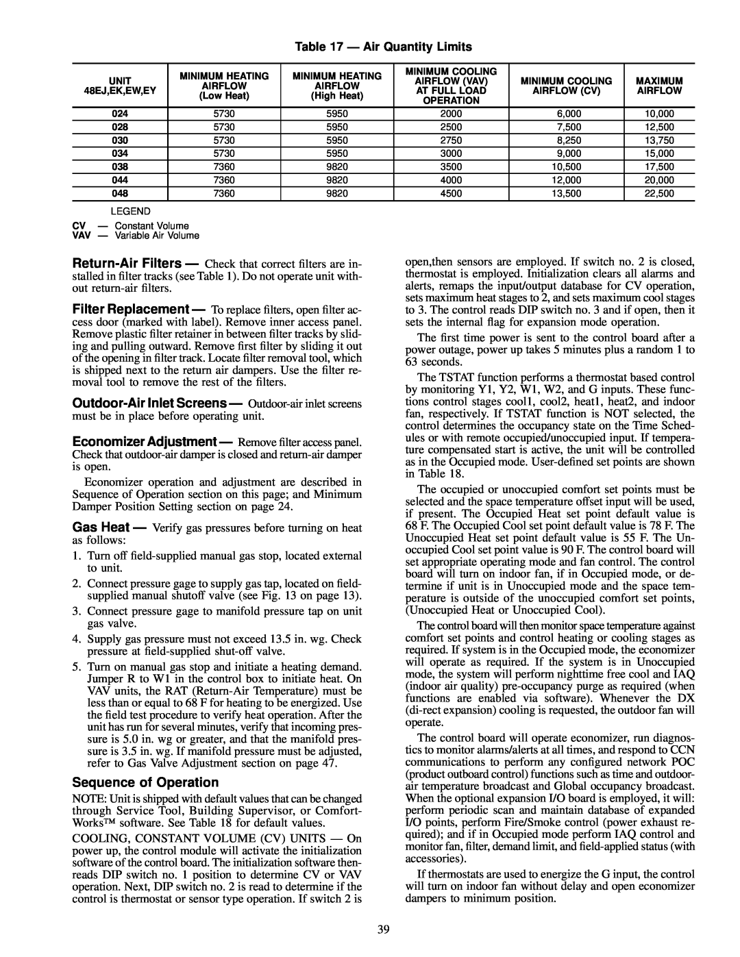 Carrier EY024-048, 48EJ, EW, EK installation instructions Sequence of Operation, Ð Air Quantity Limits 