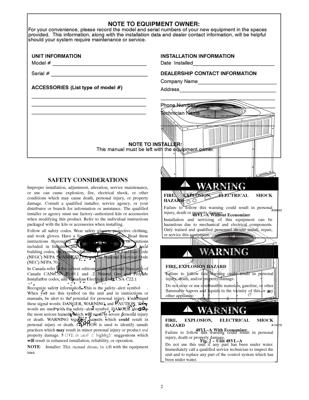 Carrier 48ES---A, 48VL-A manual Safety Considerations, FIRE, EXPLOSION, Electrical Shock Hazard, FIRE, Explosion Hazard 