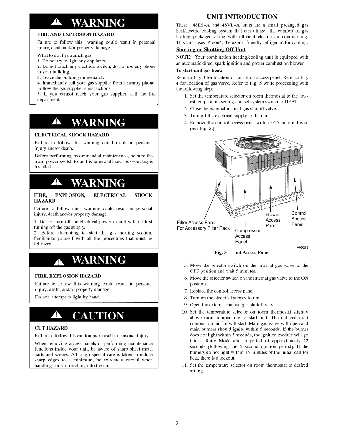 Carrier 48VL-A manual Unit Introduction, Starting or Shutting Off Unit, Fire and Explosion Hazard, Electrical Shock Hazard 