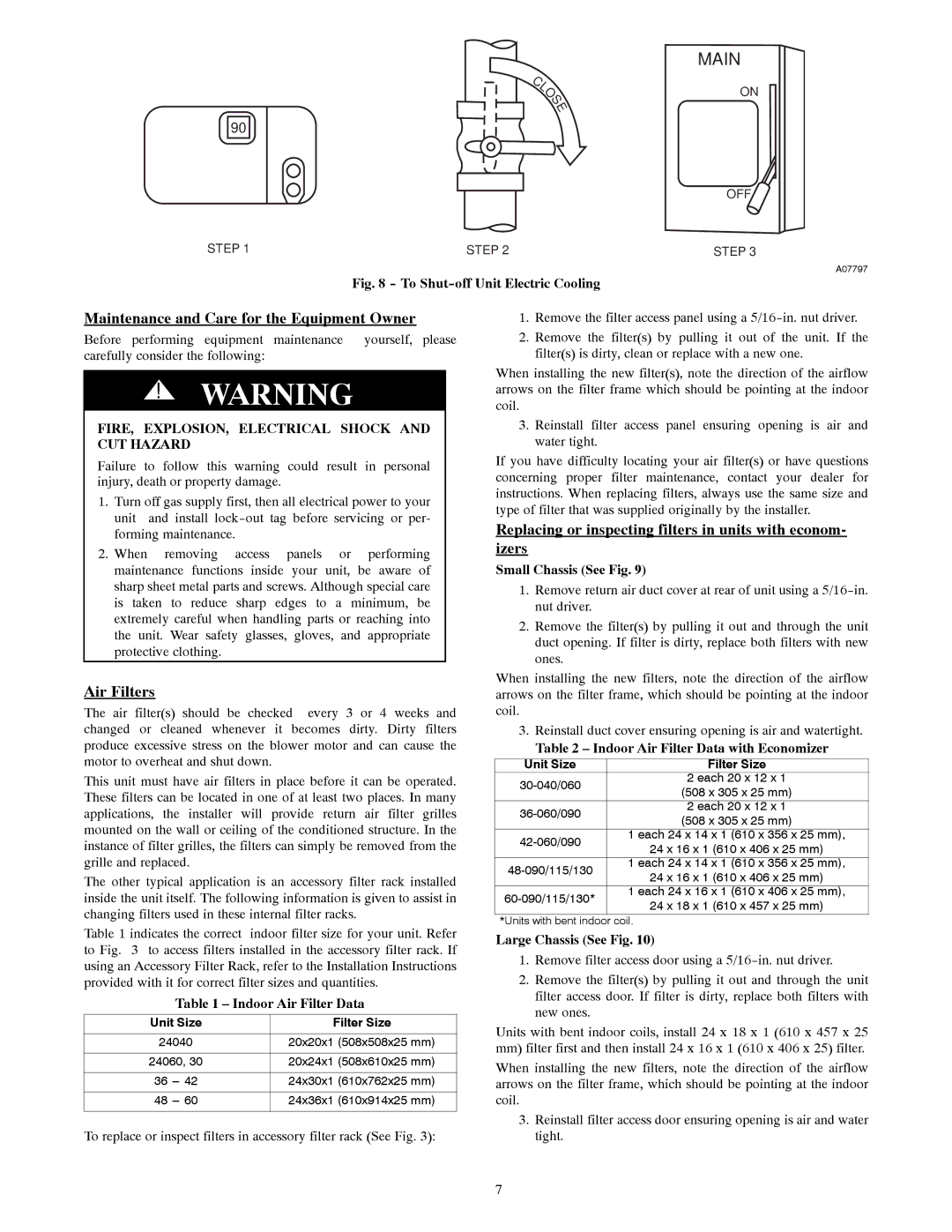 Carrier 48VL-A Maintenance and Care for the Equipment Owner, Air Filters, FIRE, EXPLOSION, Electrical Shock and CUT Hazard 