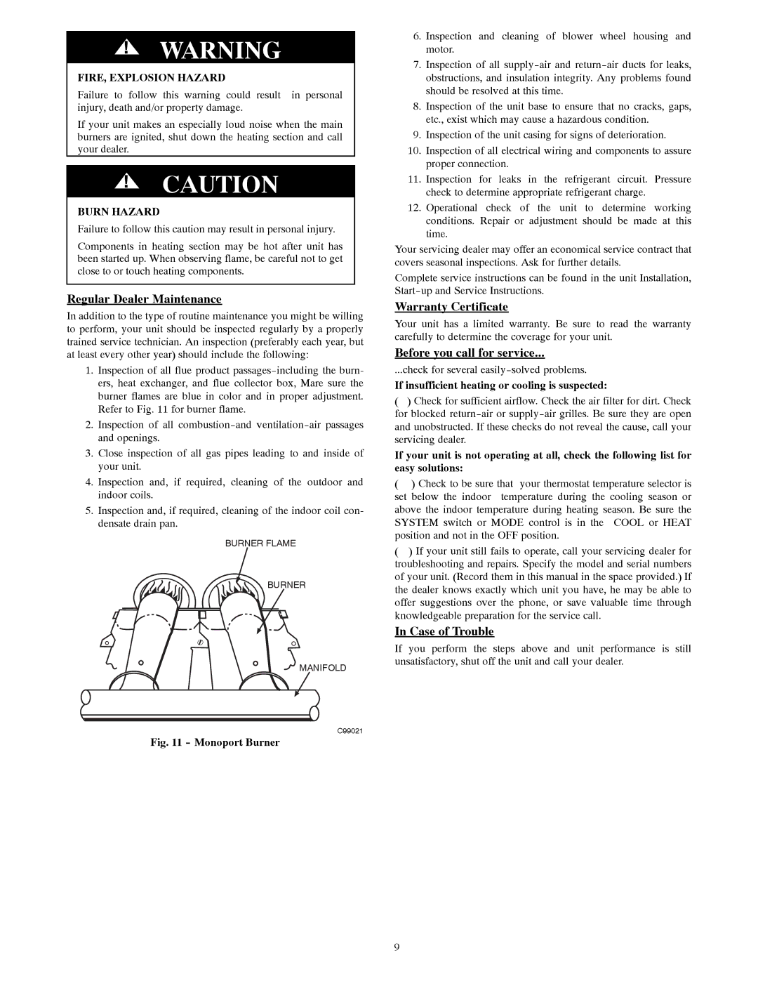 Carrier 48VL-A Regular Dealer Maintenance, Warranty Certificate, Before you call for service, Case of Trouble, Burn Hazard 