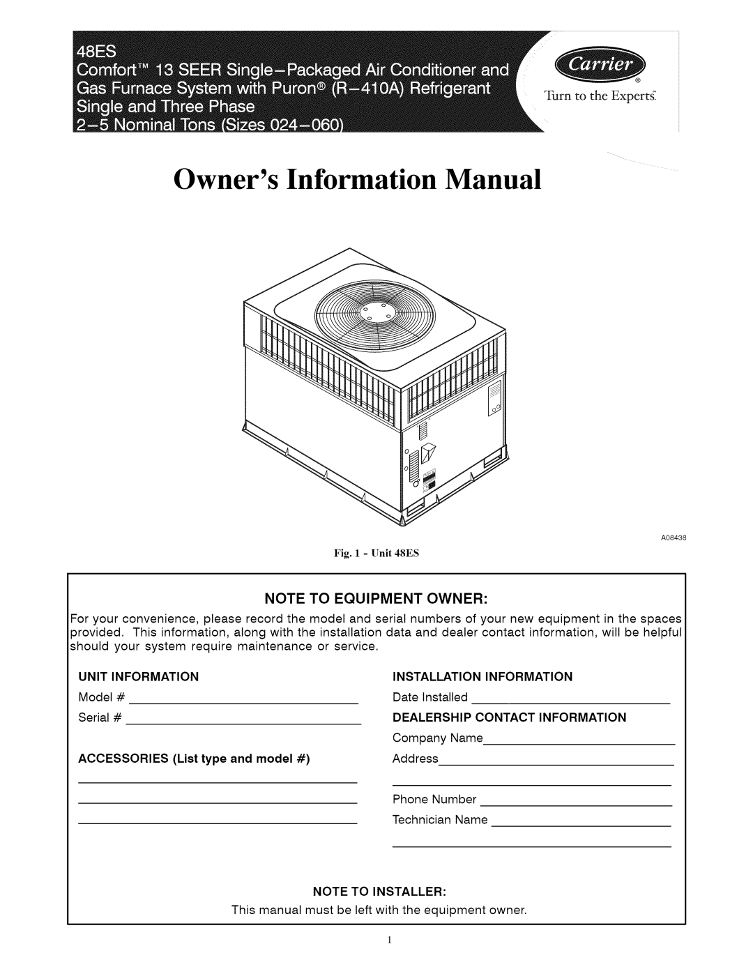 Carrier 48ES manual Owners Information Manual 