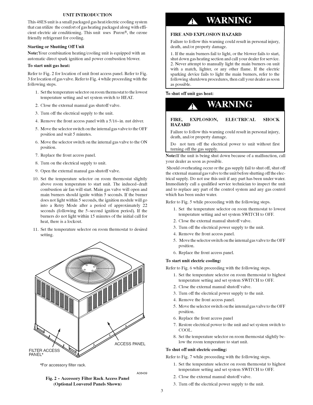 Carrier 48ES manual Tostartunit gas heat, Optional Louvered Panels Shown, To shut off unit electric cooling 