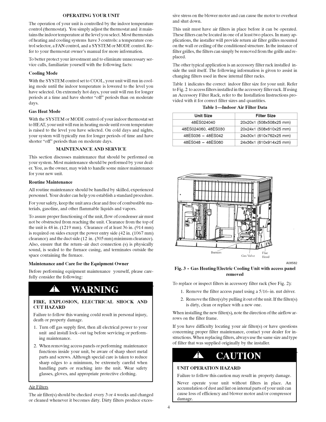 Carrier 48ES manual Routine Maintenance, Maintenance and Care for the Equipment Owner 