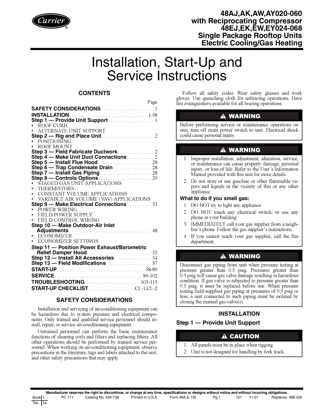 Carrier 48EY024-068, 48EW, 48AW, 48AY020-060, 48EK, 48AK, 48AJ, 48EJ specifications Installation, Start-Up Service Instructions 