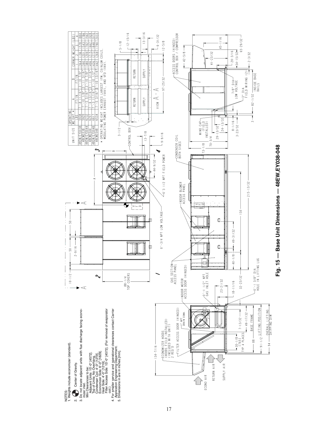 Carrier 48EY024-068, 48AW, 48AY020-060, 48EK, 48AK, 48AJ, 48EJ specifications Base Unit Dimensions 48EW,EY038-048 