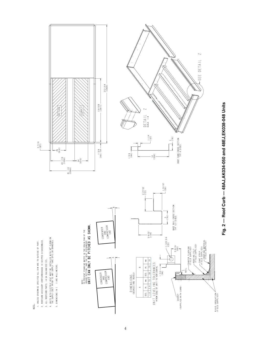 Carrier 48EK, 48EW, 48EY024-068, 48AW, 48AY020-060, 48AK specifications Roof Curb 48AJ,AK034-050 and 48EJ,EK038-048 Units 