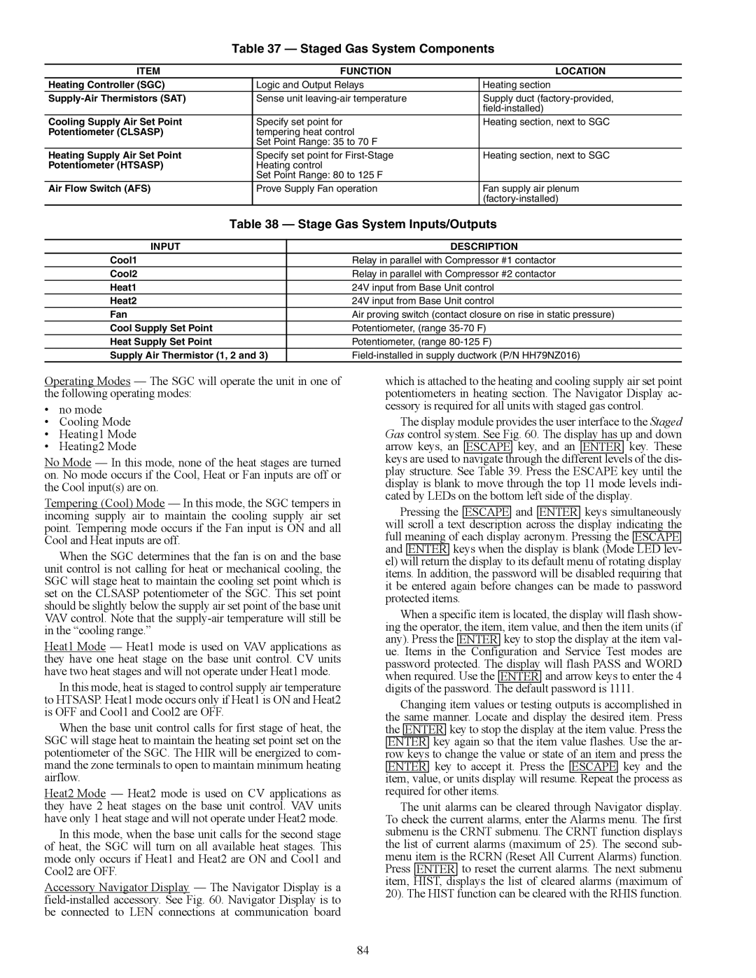 Carrier 48EK, 48EW Staged Gas System Components, Stage Gas System Inputs/Outputs, Function Location, Input Description 