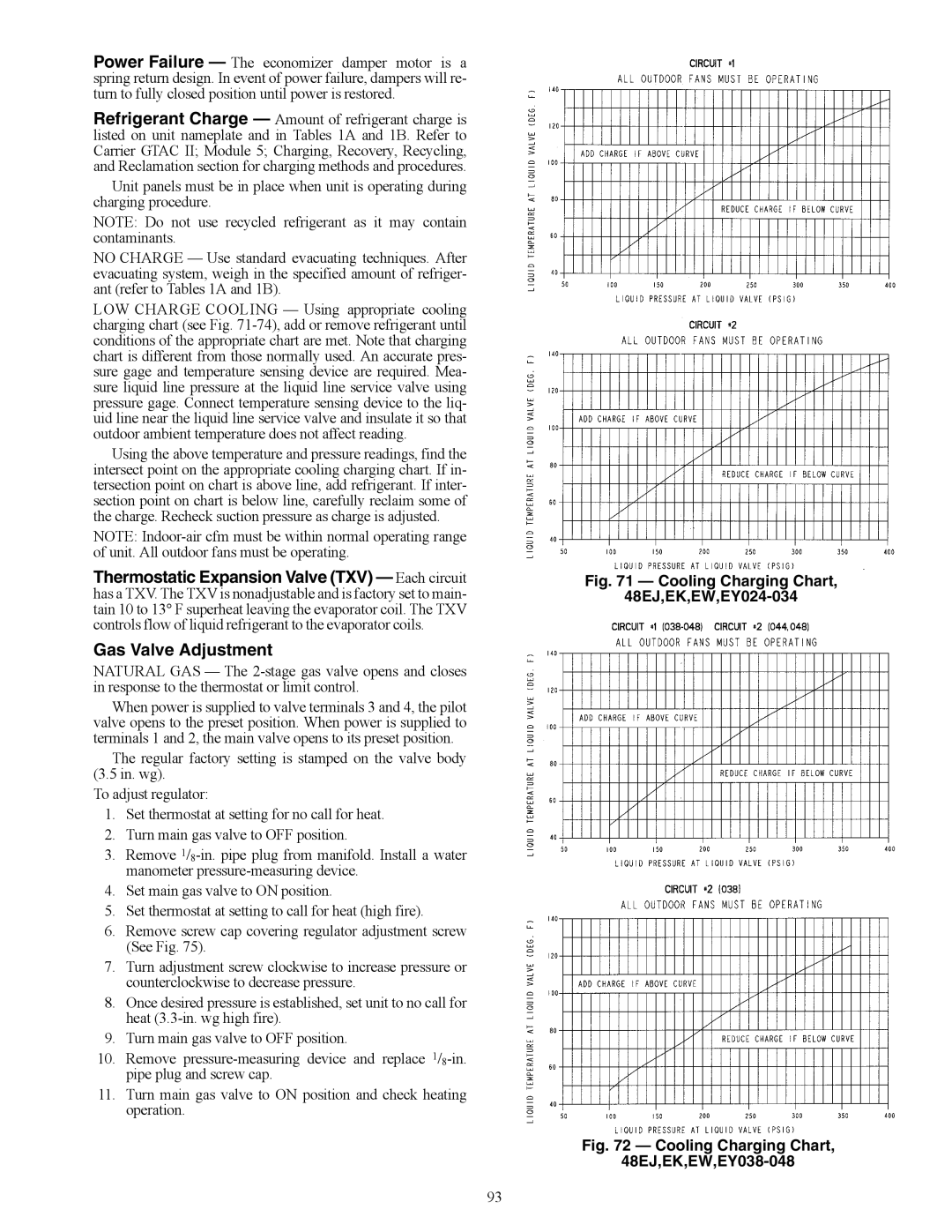 Carrier 48AK, 48EW, 48EY024-068, 48AW, 48AY020-060, 48EK Gas Valve Adjustment, Cooling Charging Chart 48EJ,EK,EW,EY024-034 