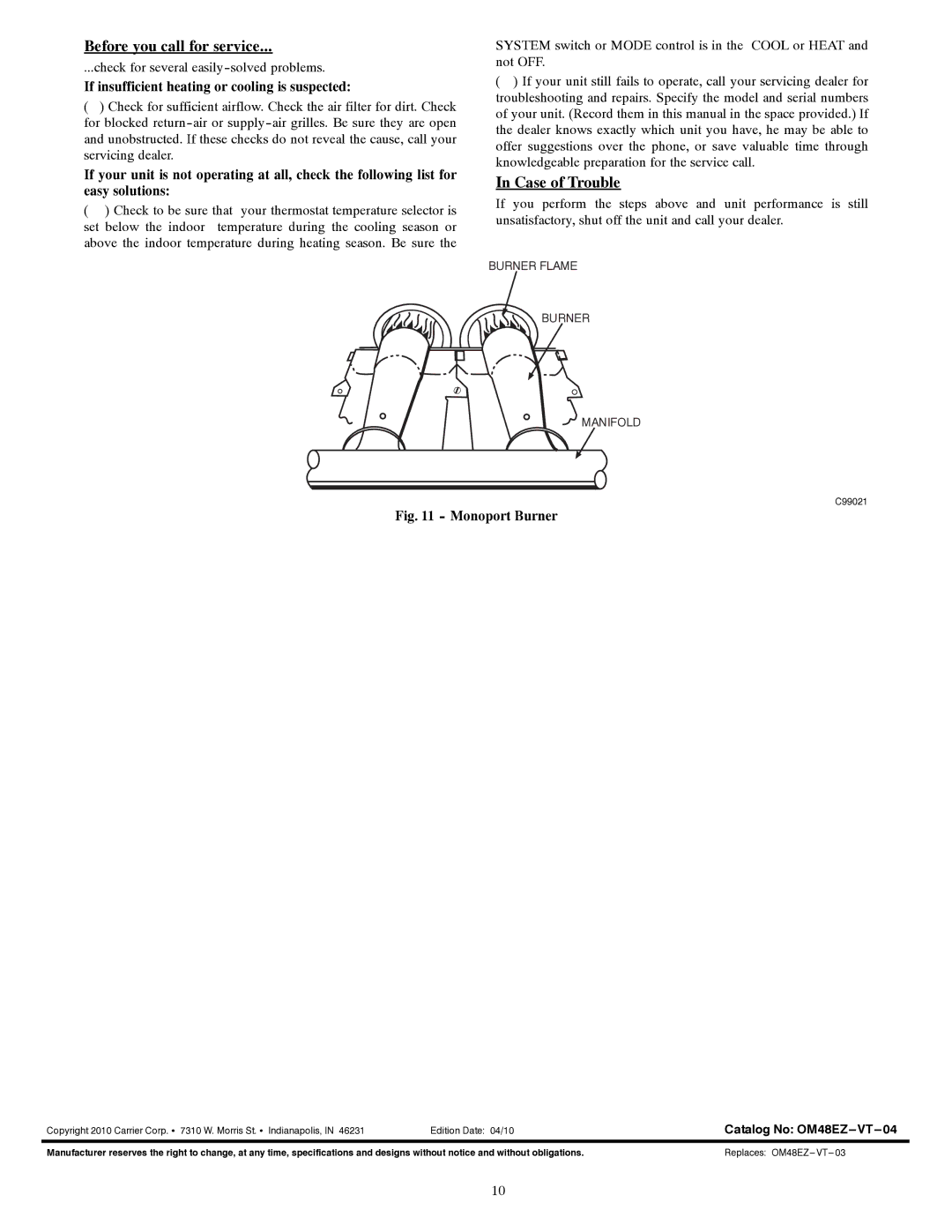 Carrier 48EZ-A, 48VT-A manual Before you call for service, Case of Trouble, If insufficient heating or cooling is suspected 