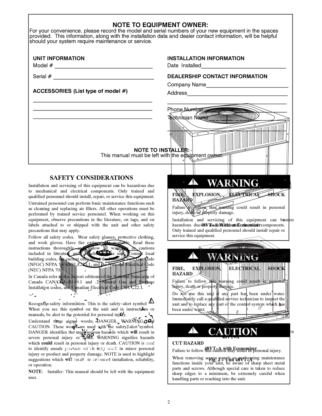 Carrier 48EZ-A, 48VT-A manual Safety Considerations, FIRE, EXPLOSION, Electrical Shock Hazard, CUT Hazard 