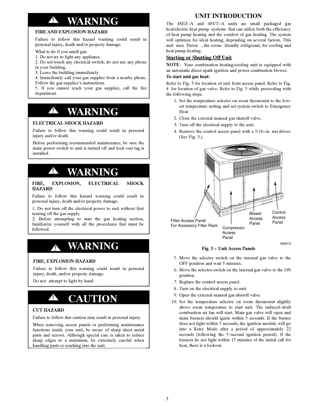 Carrier 48VT-A manual Unit Introduction, Starting or Shutting Off Unit, Fire and Explosion Hazard, Electrical Shock Hazard 