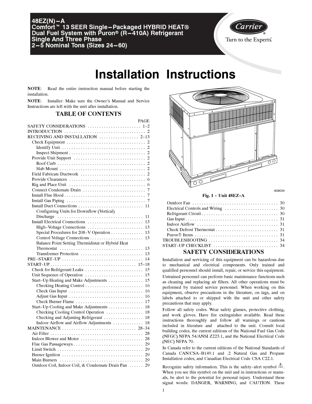 Carrier 48EZ-A installation instructions Table of Contents, Safety Considerations 