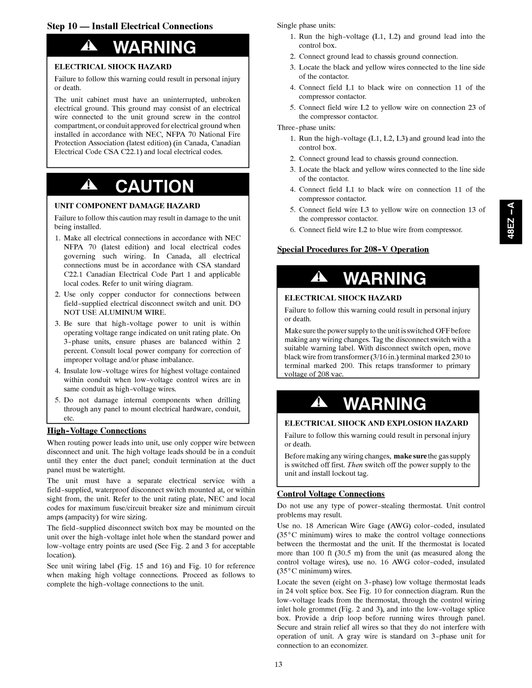 Carrier 48EZ-A Install Electrical Connections, High-Voltage Connections, Special Procedures for 208-V Operation 