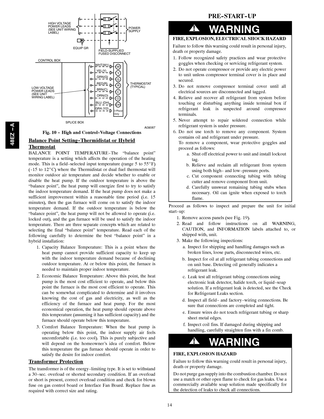 Carrier 48EZ-A Pre-Start-Up, Balance Point Setting-Thermidistat or Hybrid Thermostat, Transformer Protection 