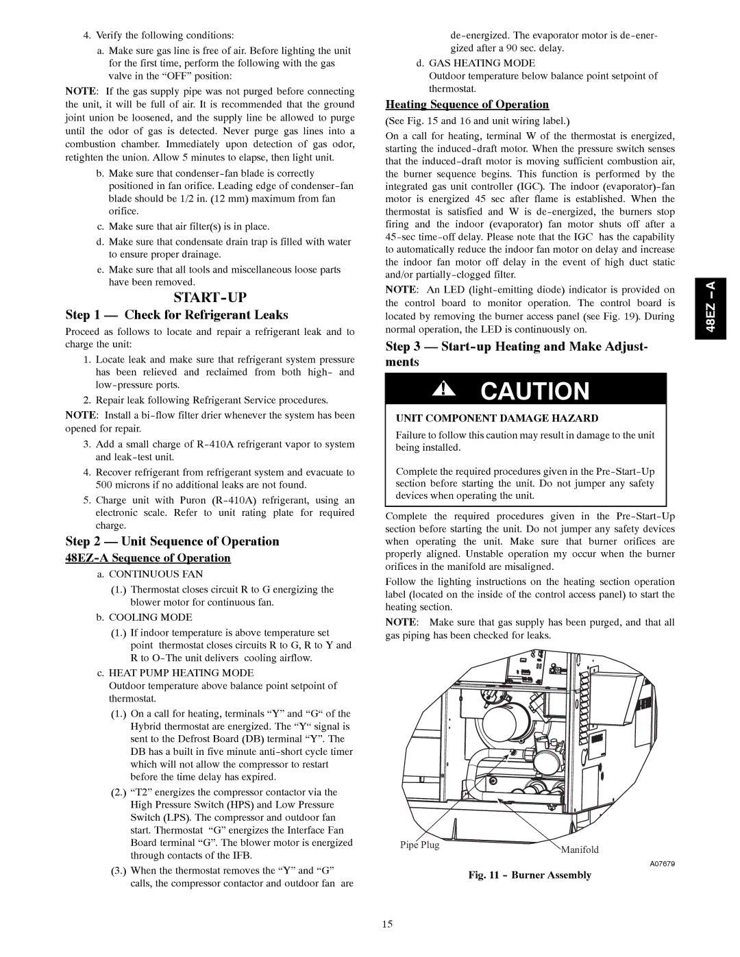 Carrier 48EZ-A Start-Up, Check for Refrigerant Leaks, Unit Sequence of Operation, Start-up Heating and Make Adjust- ments 