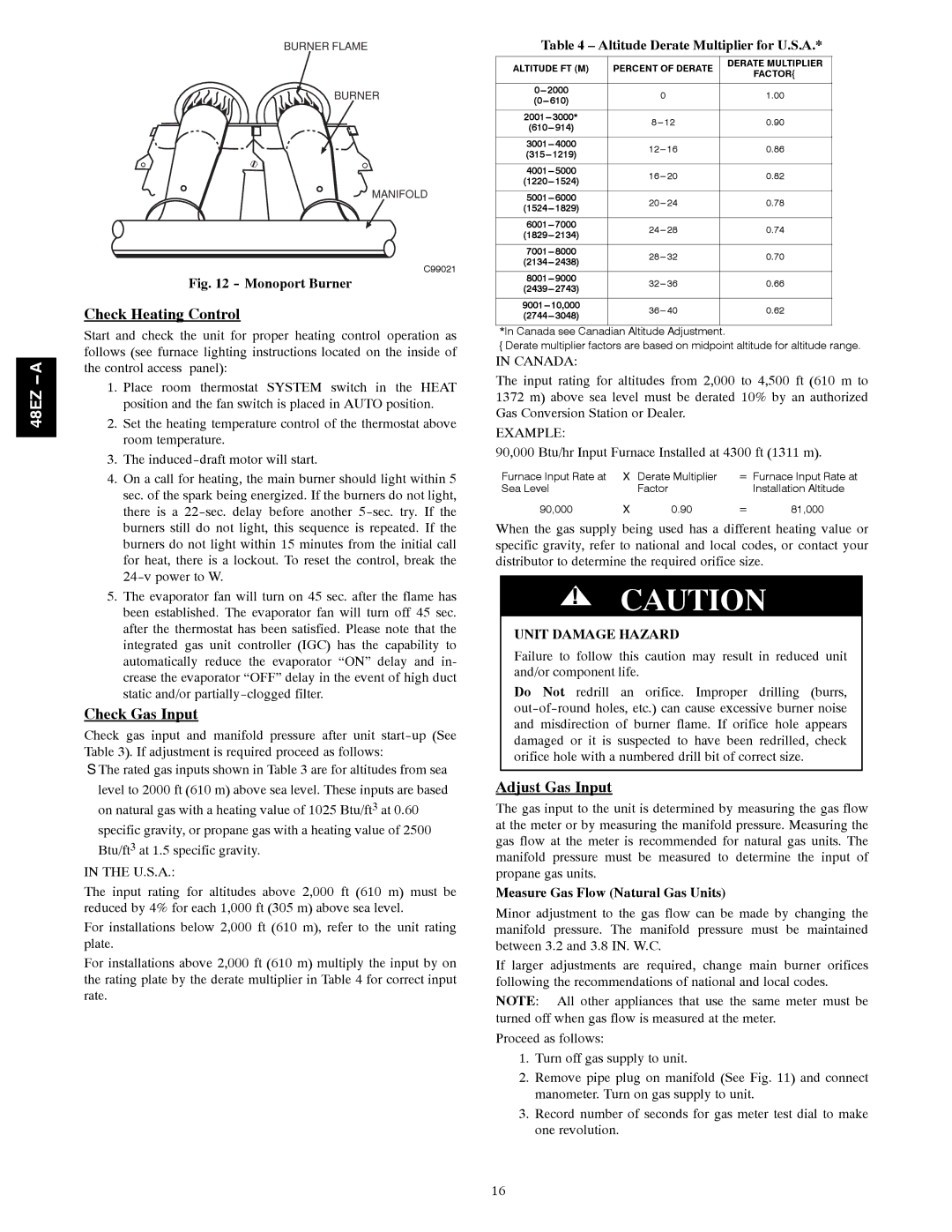 Carrier 48EZ-A installation instructions Check Heating Control, Check Gas Input, Adjust Gas Input, Unit Damage Hazard 