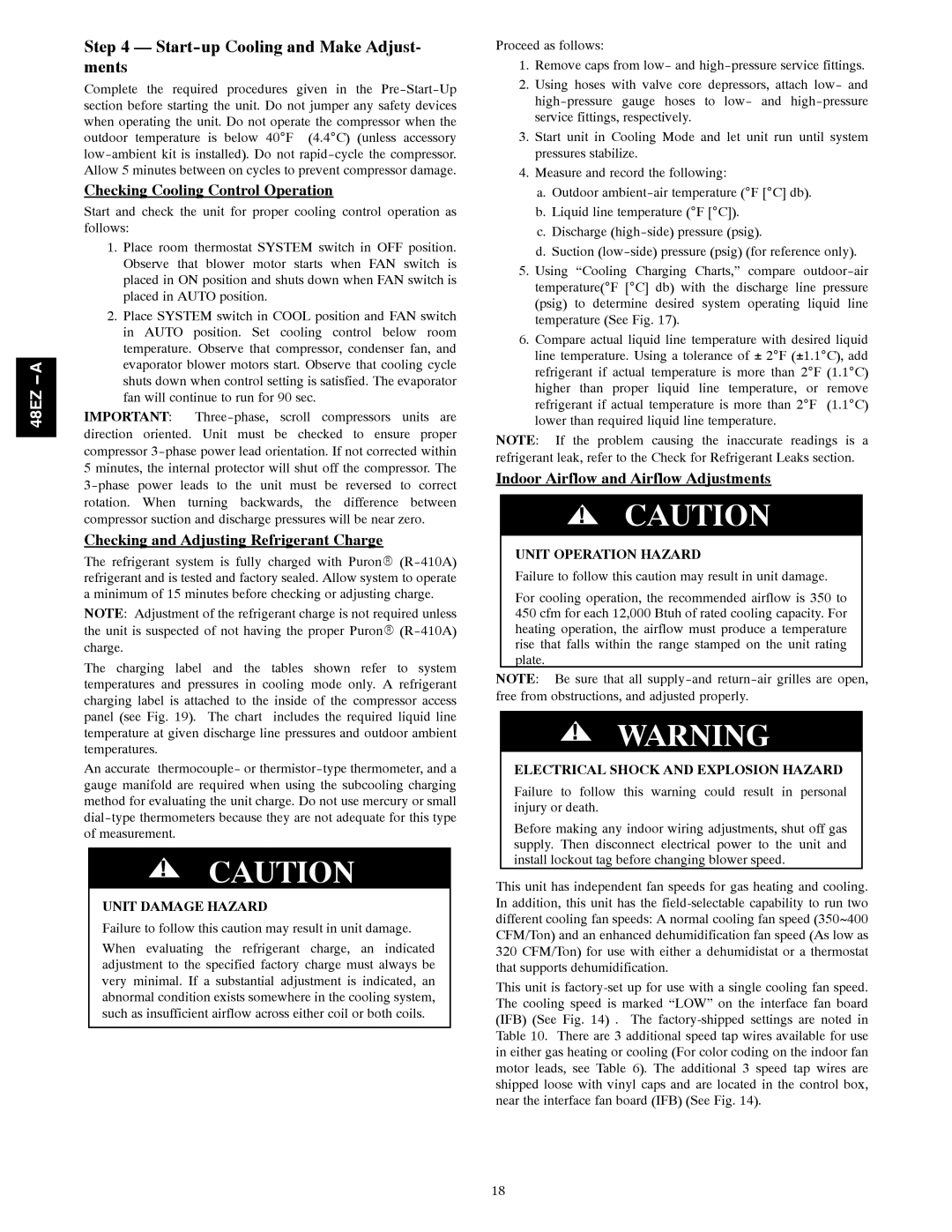 Carrier 48EZ-A Start-up Cooling and Make Adjust- ments, Checking Cooling Control Operation, Unit Operation Hazard 