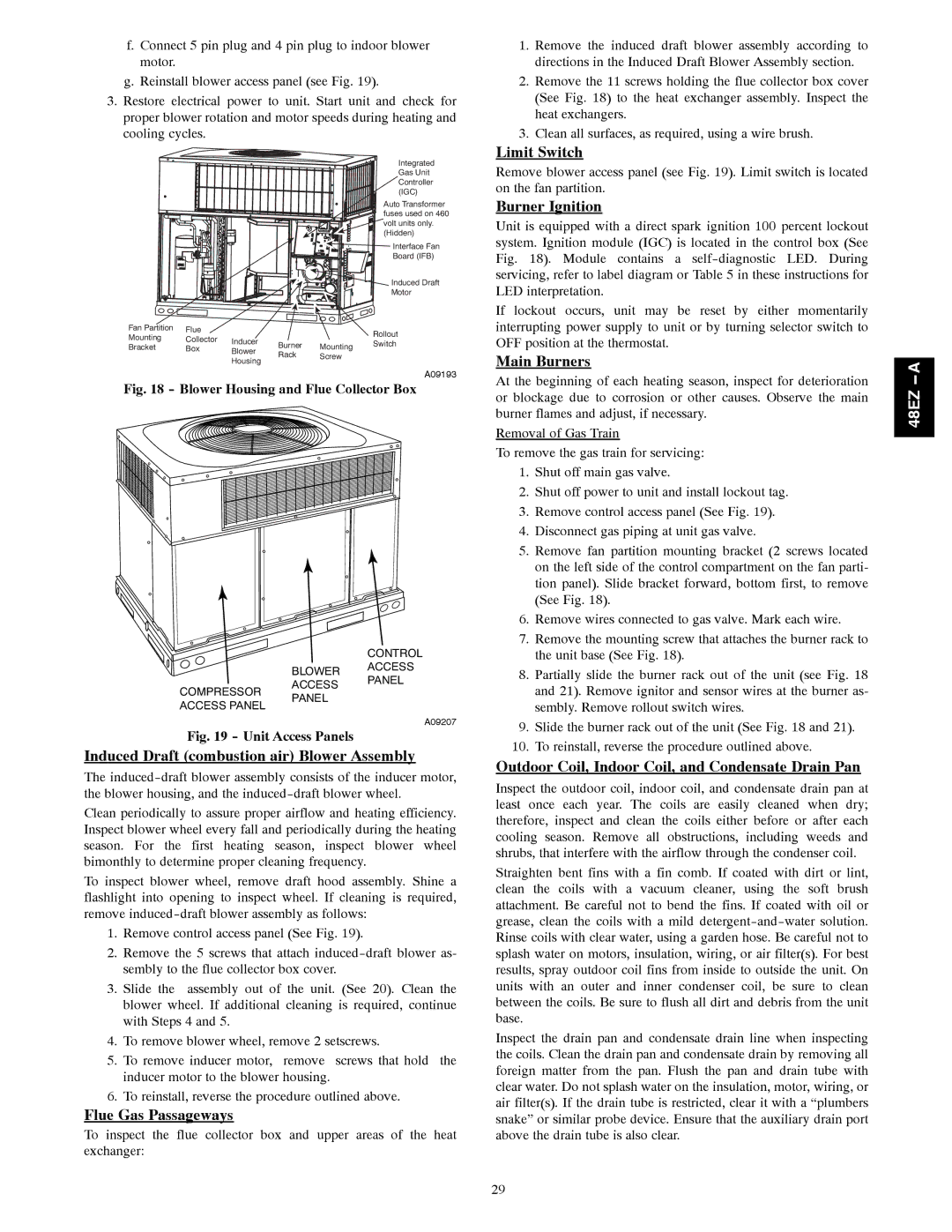 Carrier 48EZ-A Limit Switch, Burner Ignition, Main Burners, Induced Draft combustion air Blower Assembly 