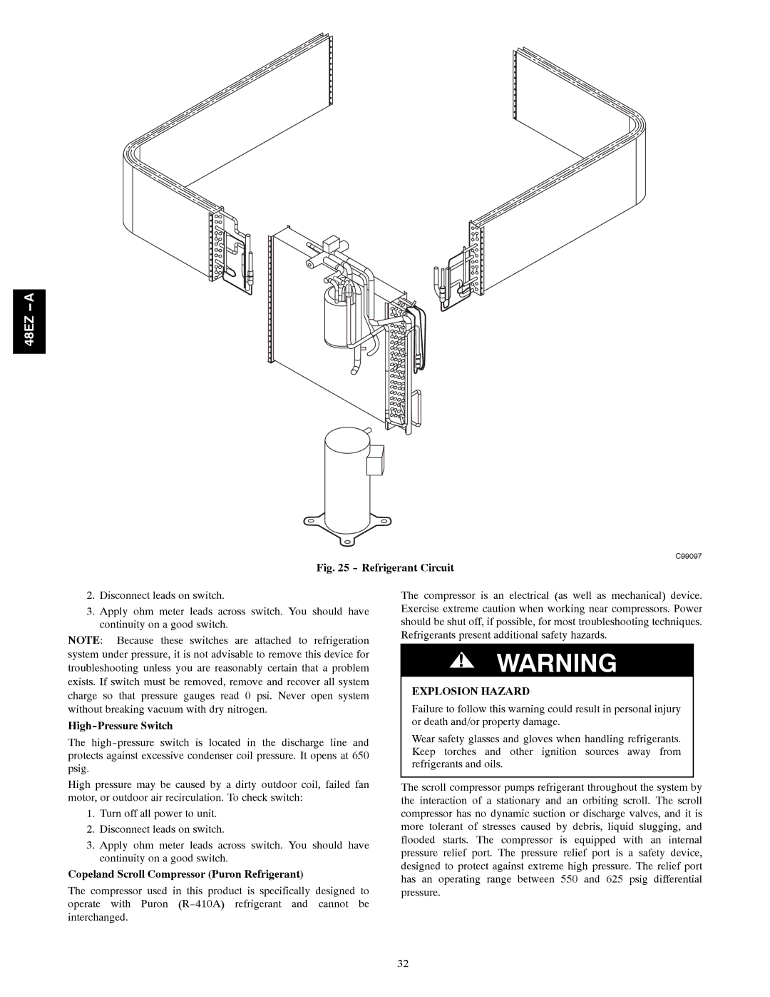 Carrier 48EZ-A High-Pressure Switch, Copeland Scroll Compressor Puron Refrigerant, Explosion Hazard 