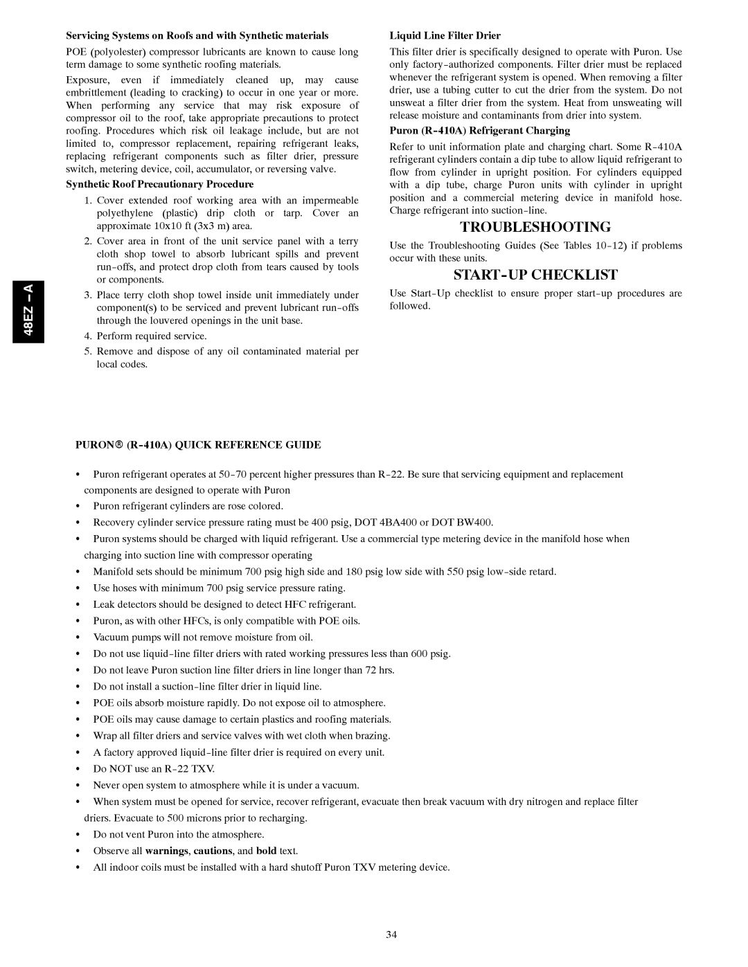 Carrier 48EZ-A installation instructions Troubleshooting, START-UP Checklist, Puronr R-410A Quick Reference Guide 