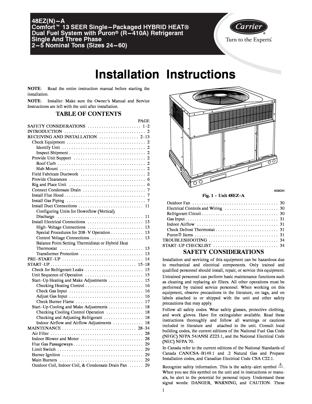 Carrier installation instructions Table Of Contents, Safety Considerations, Unit 48EZ-A, Installation Instructions 