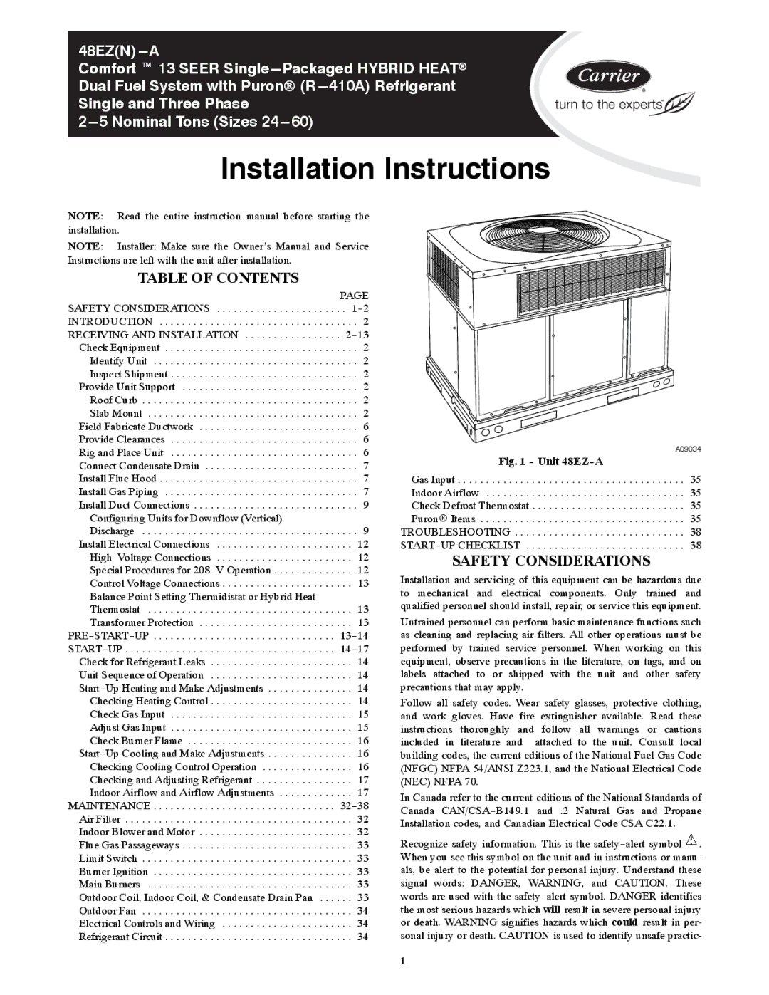 Carrier 48EZ(N)-A installation instructions Table of Contents, Safety Considerations 