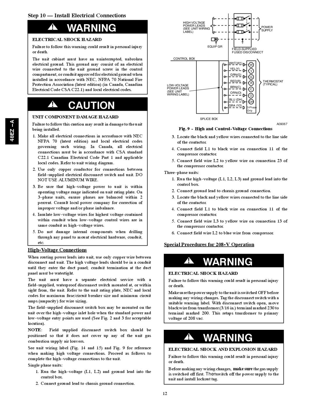 Carrier 48EZ(N)-A Install Electrical Connections, High-Voltage Connections, Special Procedures for 208-V Operation 