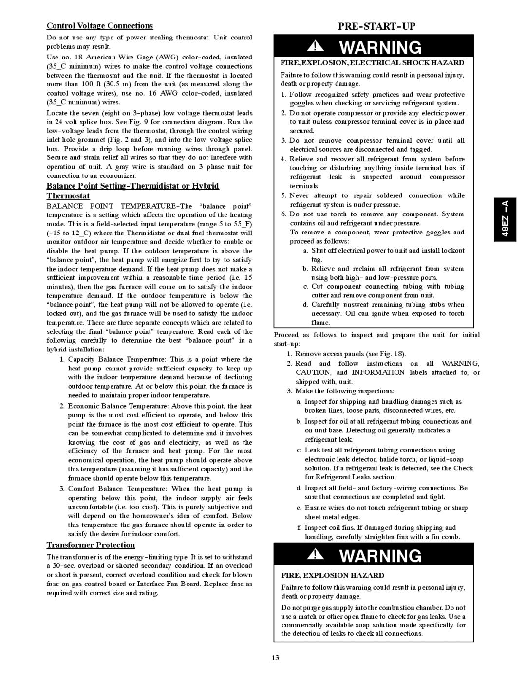 Carrier 48EZ(N)-A Pre-Start-Up, Control Voltage Connections, Balance Point Setting-Thermidistat or Hybrid Thermostat 