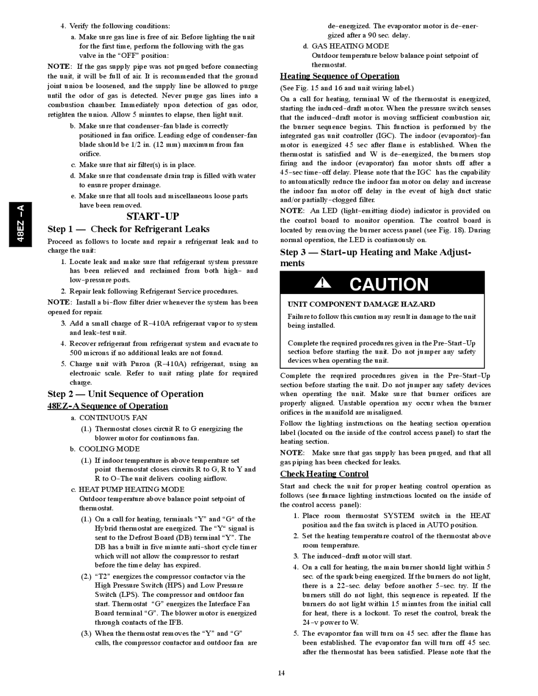 Carrier 48EZ(N)-A installation instructions Start-Up, Check for Refrigerant Leaks, Unit Sequence of Operation 