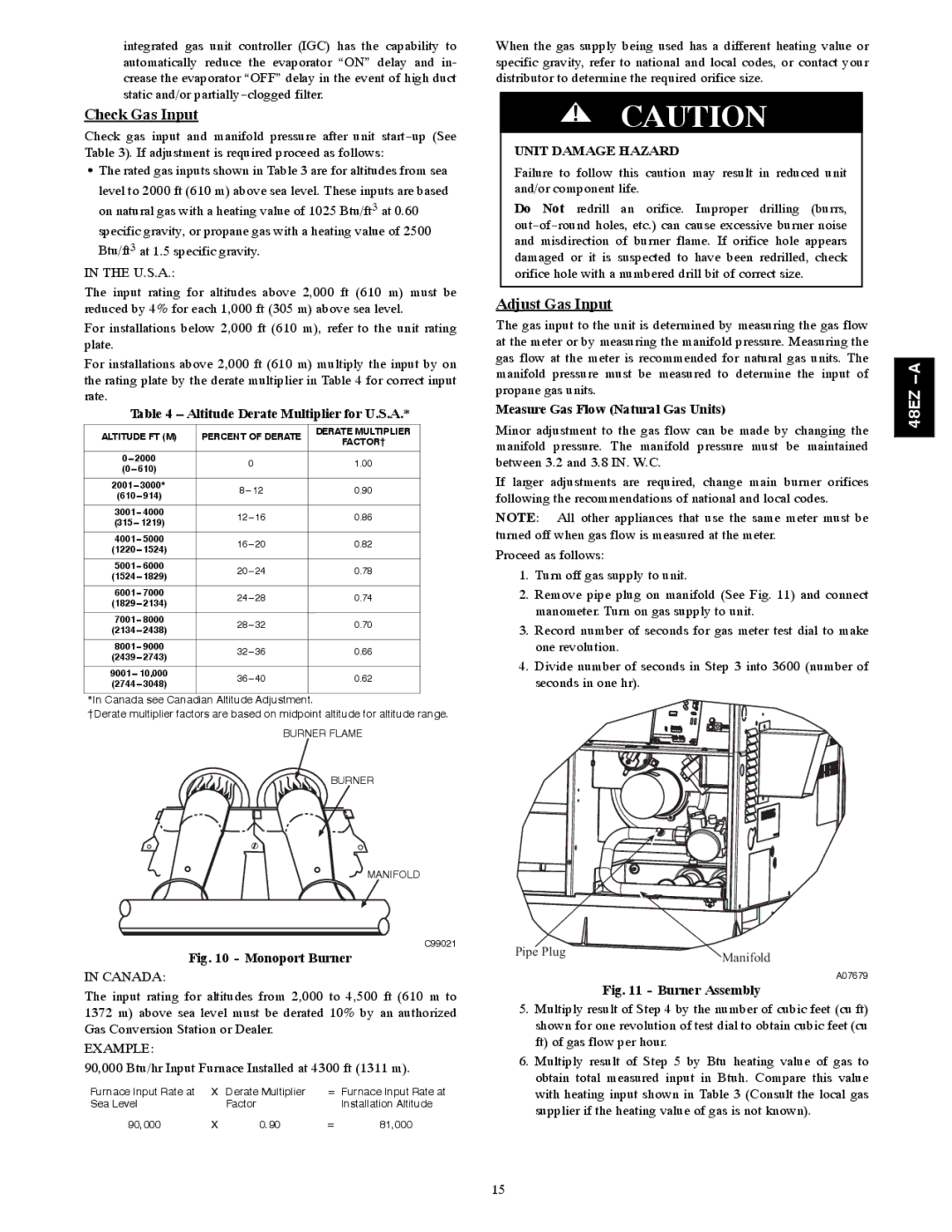 Carrier 48EZ(N)-A installation instructions Check Gas Input, Adjust Gas Input, Unit Damage Hazard 