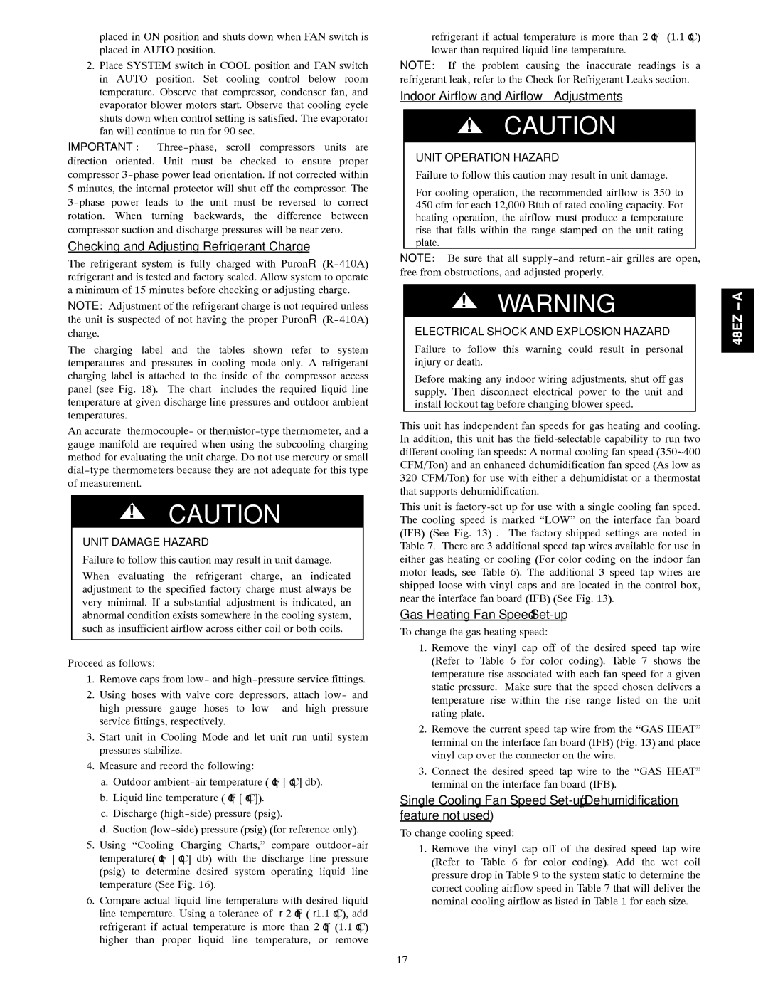 Carrier 48EZ(N)-A Checking and Adjusting Refrigerant Charge, Indoor Airflow and Airflow Adjustments, Unit Operation Hazard 