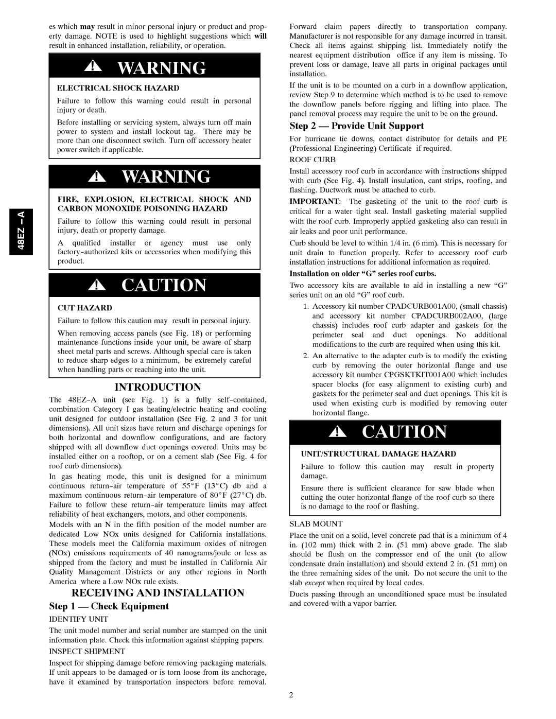 Carrier 48EZ(N)-A installation instructions Introduction, Receiving and Installation, Check Equipment, Provide Unit Support 