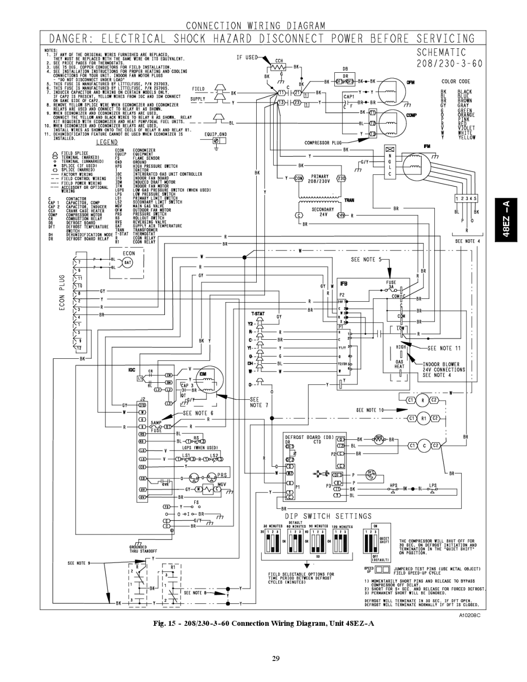 Carrier 48EZ(N)-A installation instructions 208/230-3-60 Connection Wiring Diagram, Unit 48EZ-A 