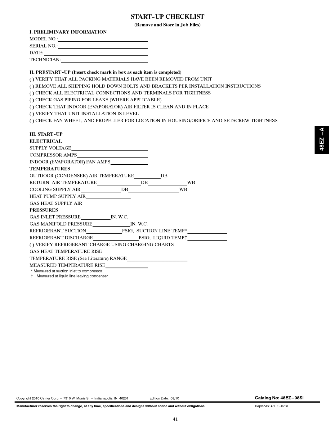 Carrier 48EZ(N)-A Remove and Store in Job Files, Preliminary Information Model no, Temperatures, Pressures 