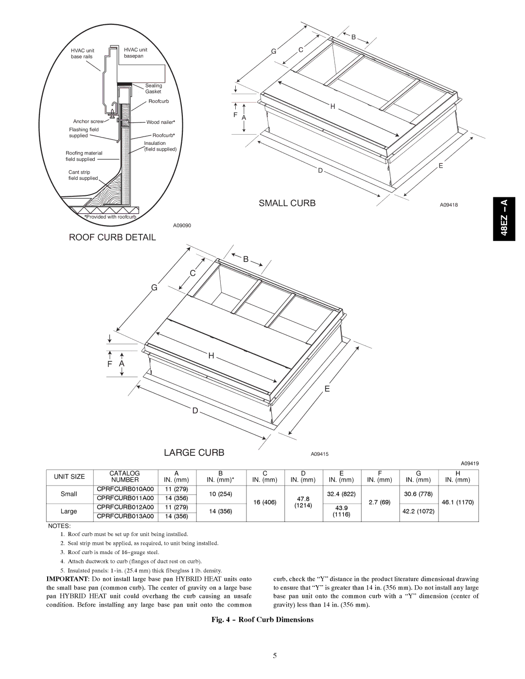 Carrier 48EZ(N)-A installation instructions Roof Curb Dimensions, Number 