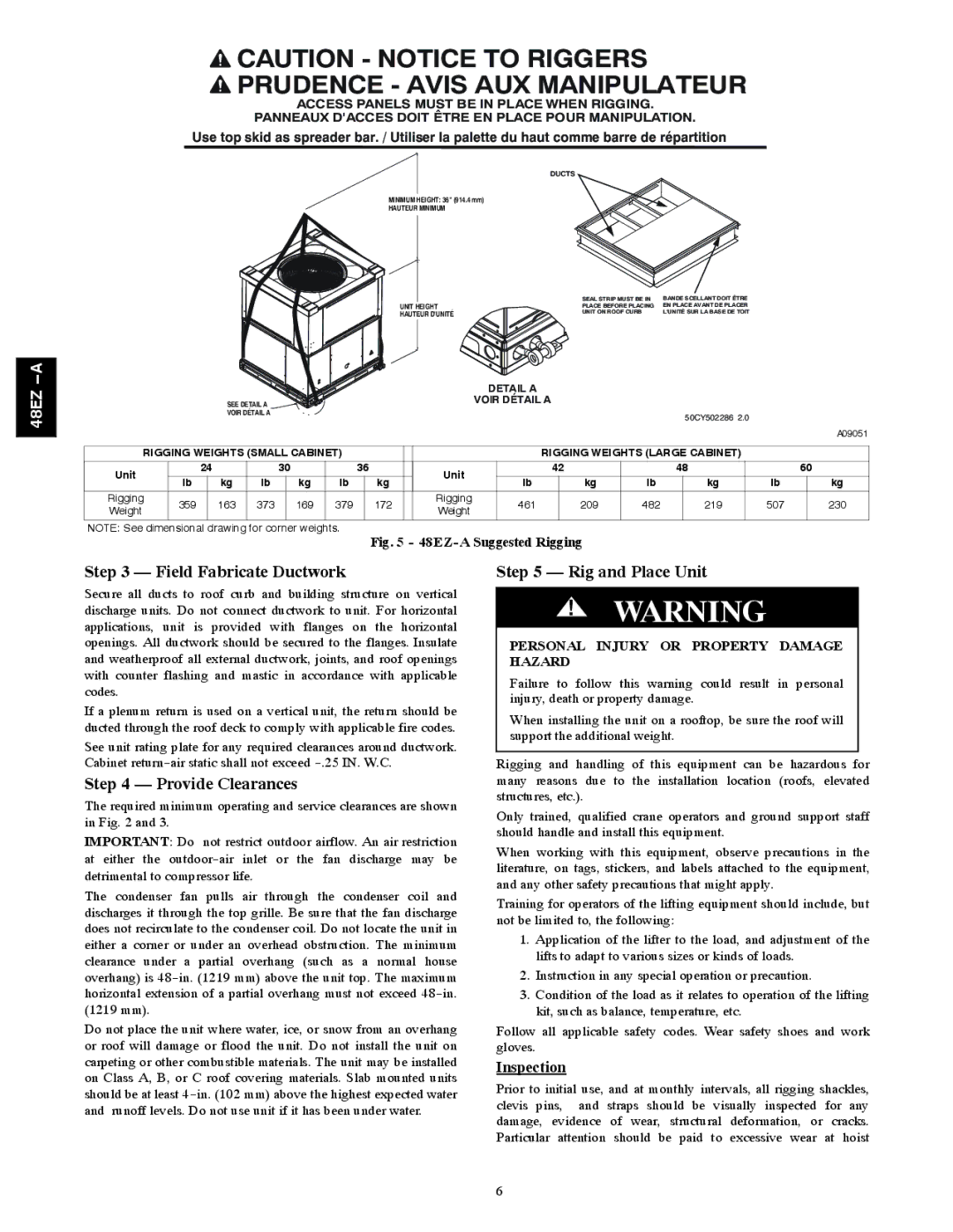 Carrier 48EZ(N)-A installation instructions Field Fabricate Ductwork, Provide Clearances, Rig and Place Unit, Inspection 