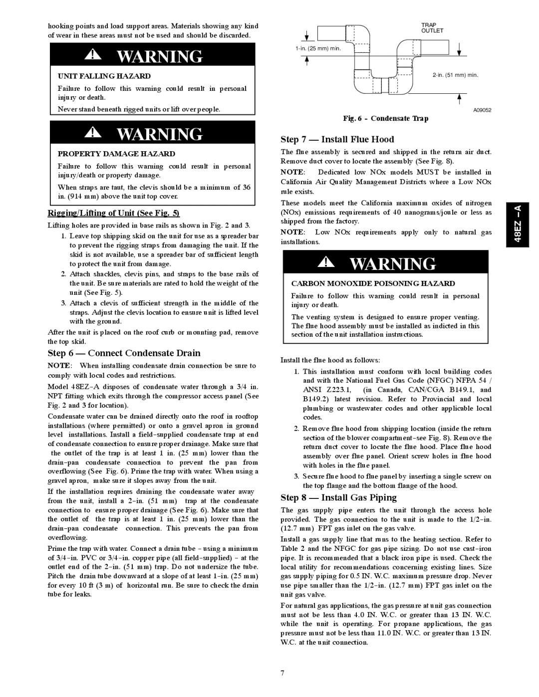 Carrier 48EZ(N)-A Connect Condensate Drain, Install Flue Hood, Install Gas Piping, Rigging/Lifting of Unit See Fig 