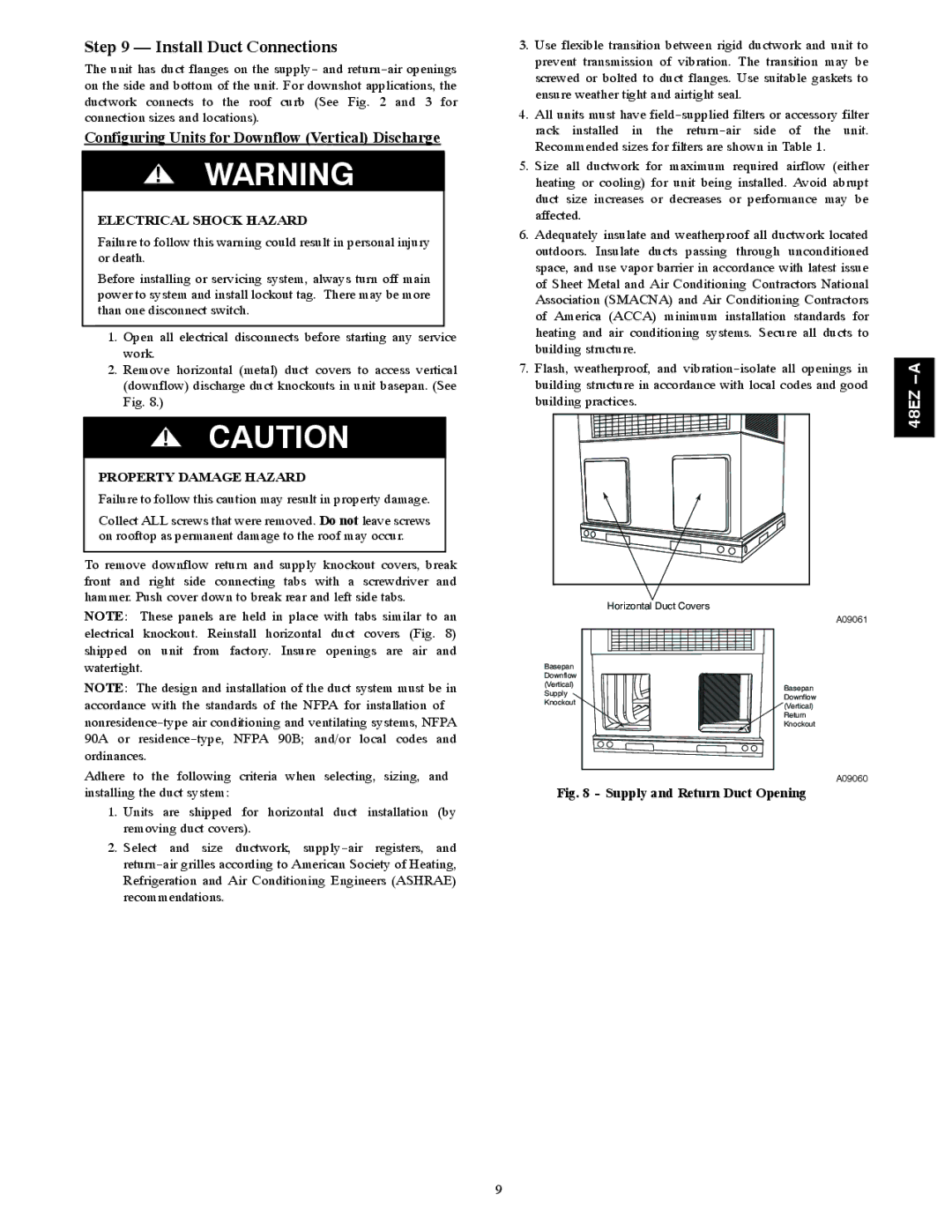 Carrier 48EZ(N)-A installation instructions Install Duct Connections, Configuring Units for Downflow Vertical Discharge 