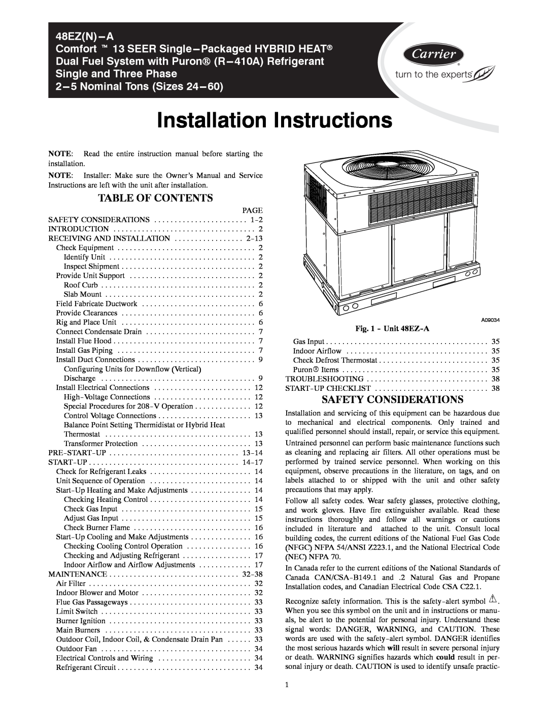 Carrier 48EZ(N)-A installation instructions Table Of Contents, Safety Considerations, Unit 48EZ-A, 48EZN---A 