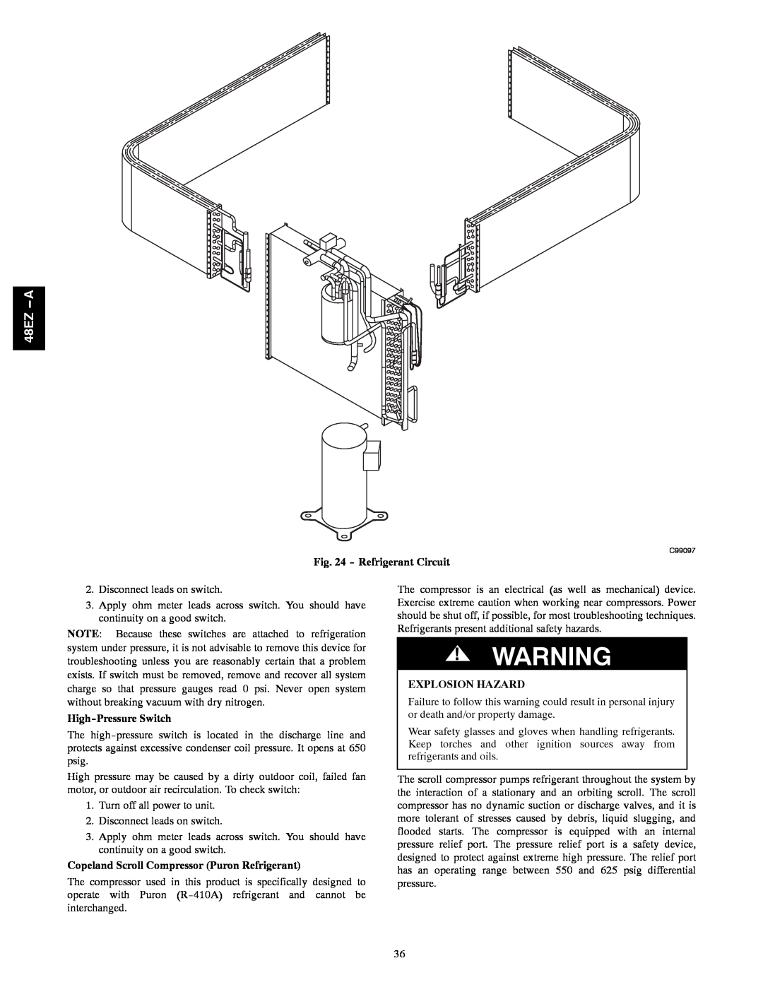 Carrier 48EZ(N)-A Refrigerant Circuit, High-PressureSwitch, Copeland Scroll Compressor Puron Refrigerant, Explosion Hazard 