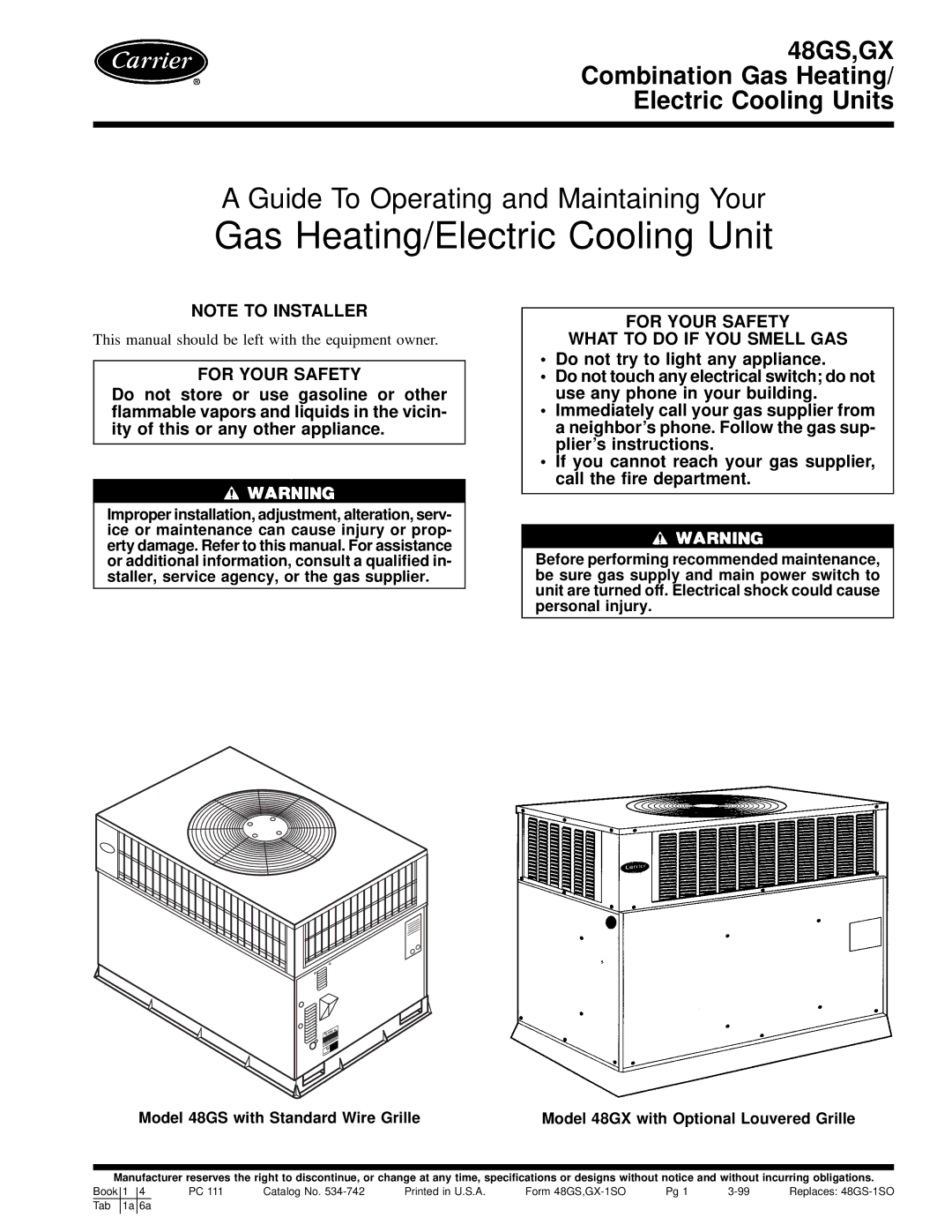 Carrier 48GS, 48GX specifications For Your Safety What to do if YOU Smell GAS 