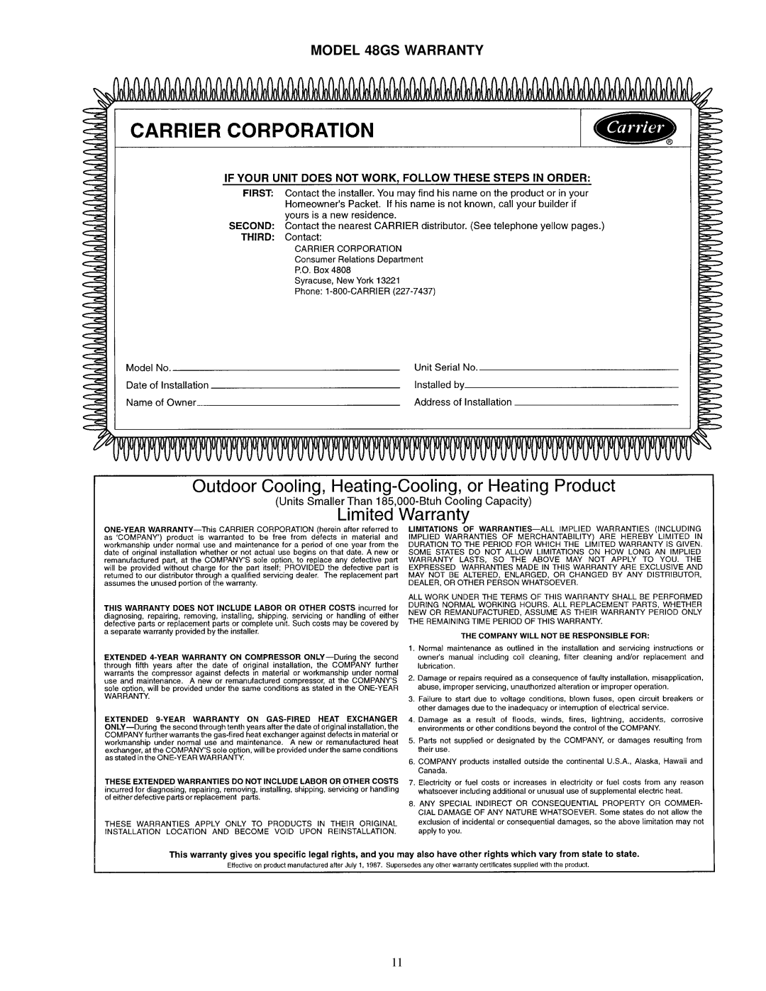 Carrier 48GX specifications Model 48GS Warranty 