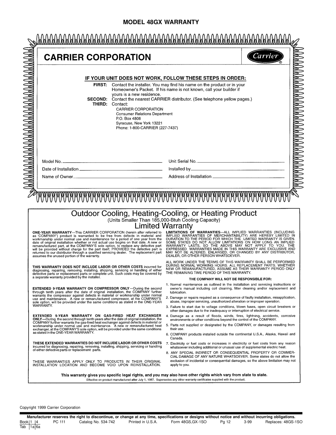 Carrier 48GS specifications Model 48GX Warranty 