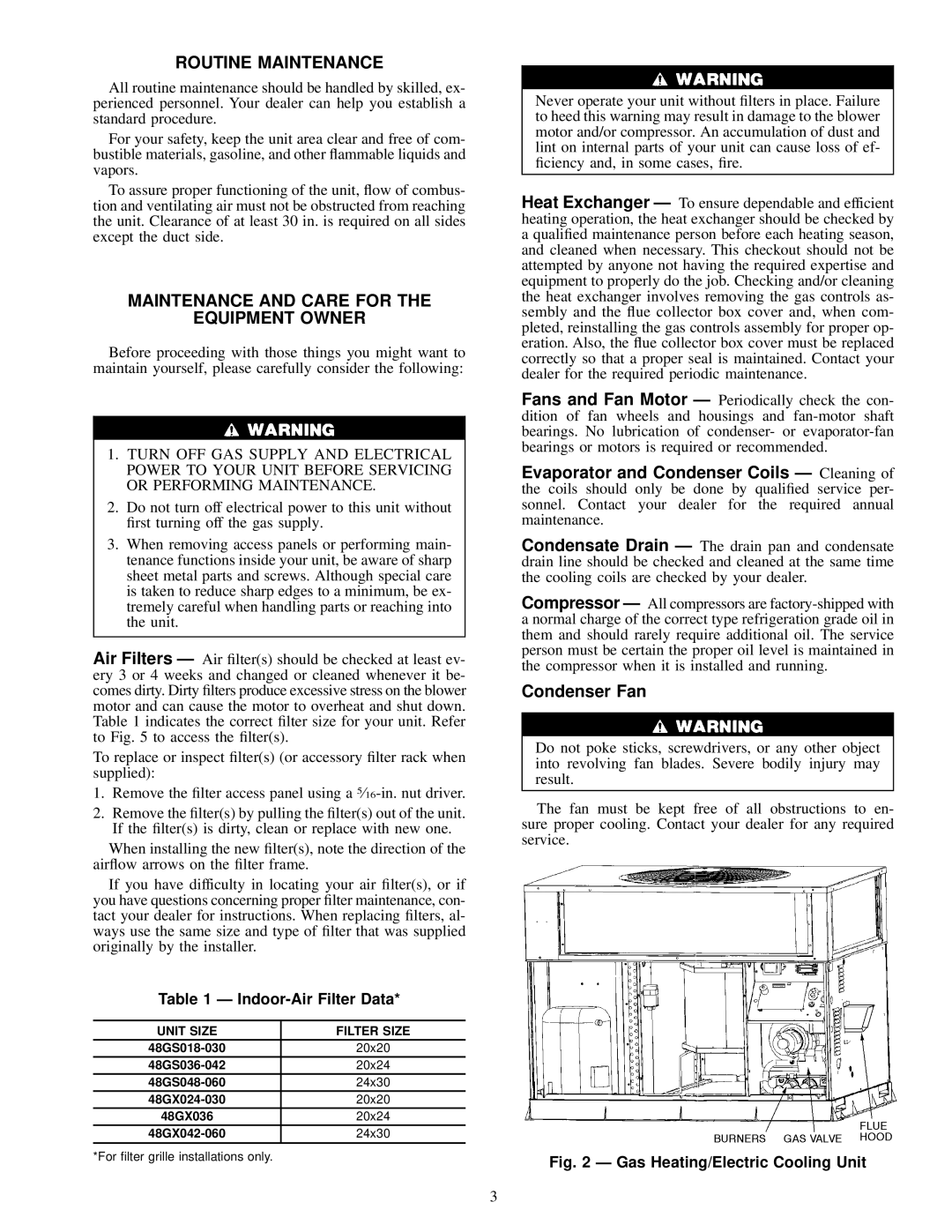 Carrier 48GS, 48GX specifications Routine Maintenance, Maintenance and Care for Equipment Owner 