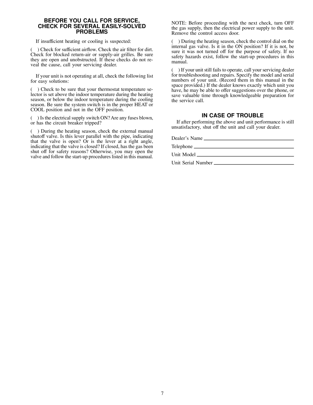 Carrier 48GS, 48GX specifications Case of Trouble, During the heating season, check the external manual 