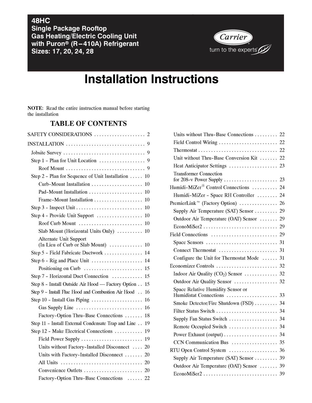 Carrier 48HC installation instructions Installation Instructions 