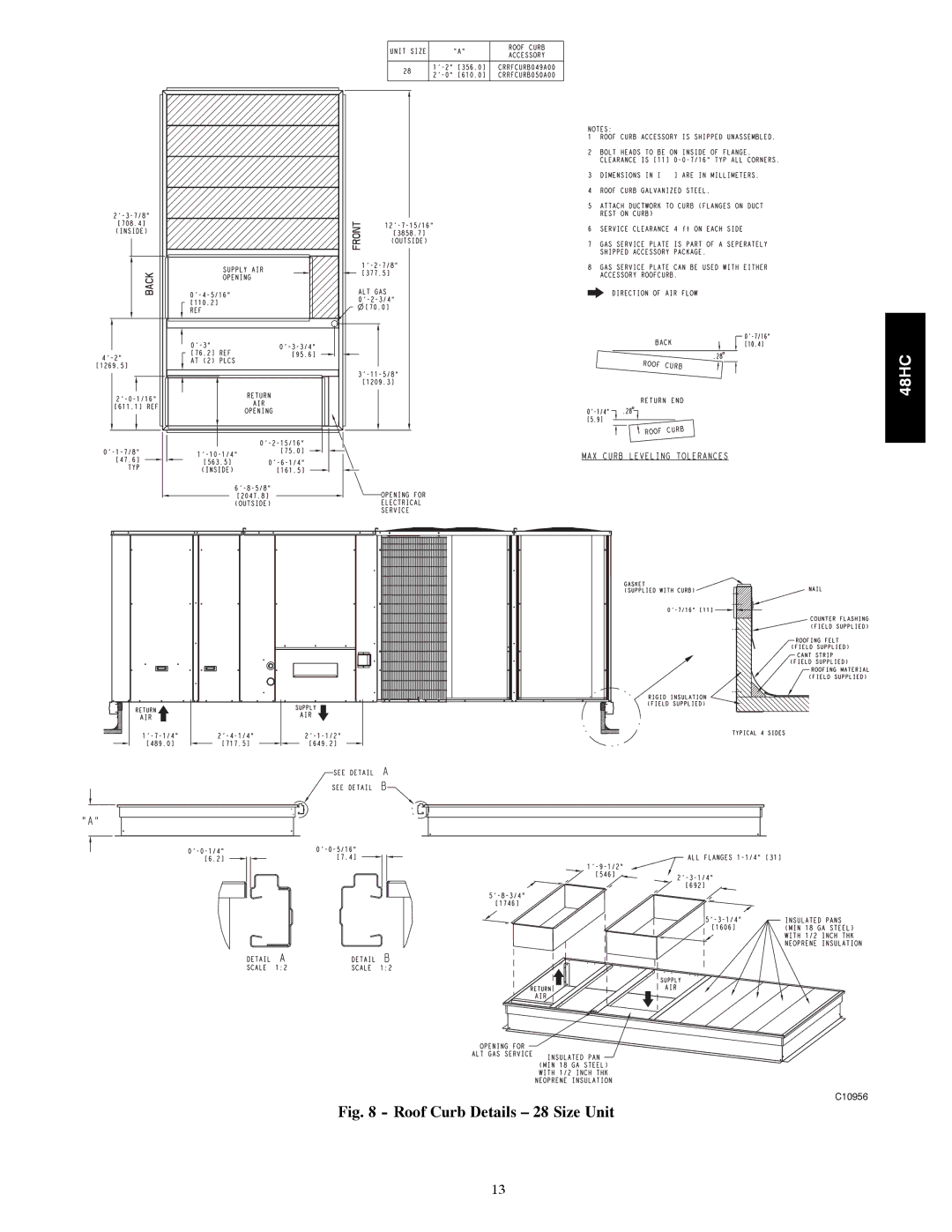 Carrier 48HC installation instructions Roof Curb Details 28 Size Unit 