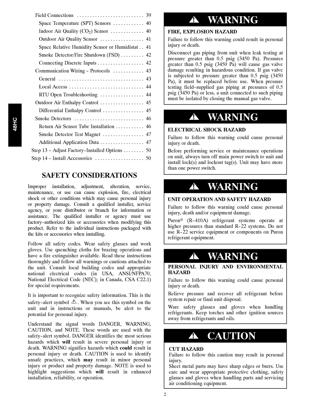 Carrier 48HC installation instructions Safety Considerations 