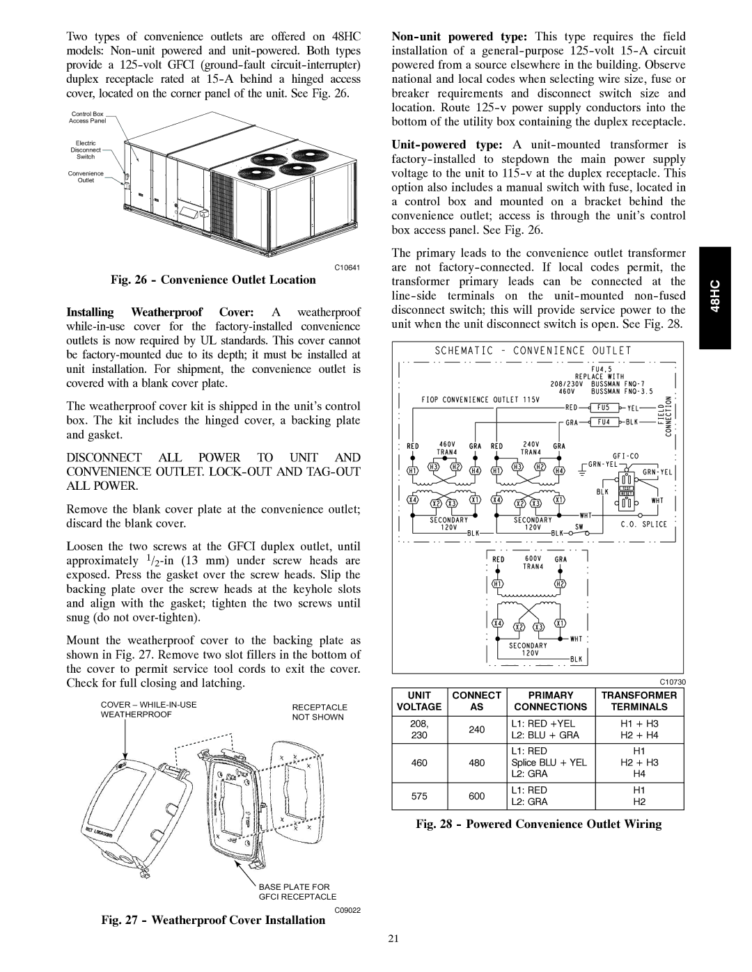 Carrier 48HC installation instructions Powered Convenience Outlet Wiring 